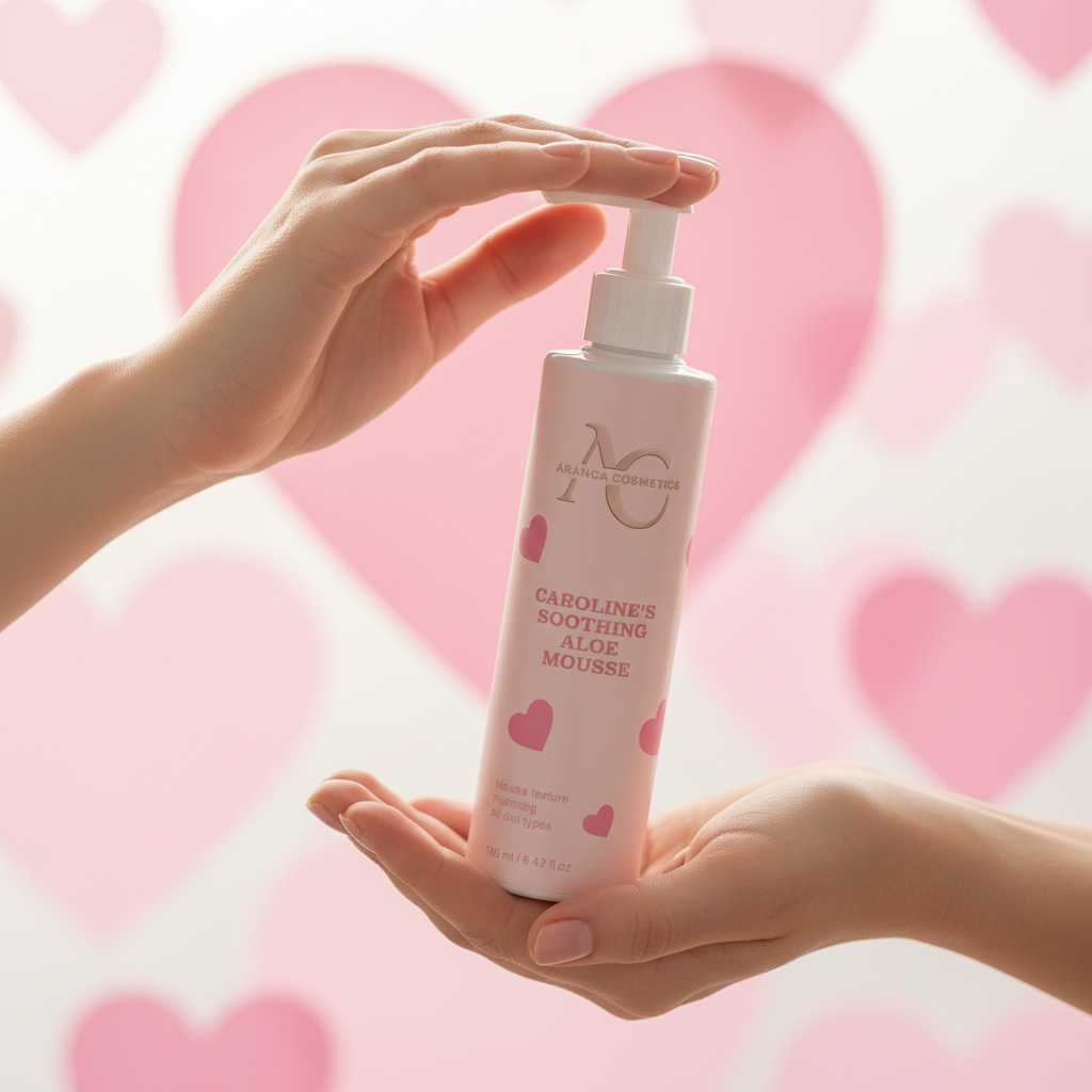 Caroline's Soothing Aloe Mousse held lovingly with hearts - perfect Mother's Day gift