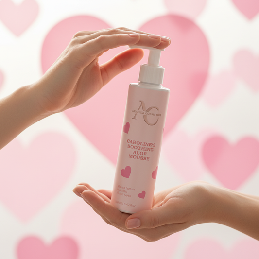 Caroline's Soothing Aloe Mousse held lovingly with hearts - perfect Mother's Day gift