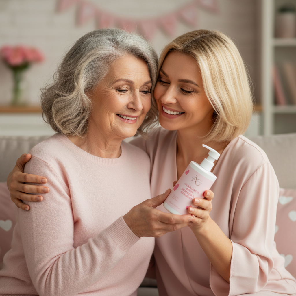 Mother and daughter emotional moment - giving Caroline's Body Shower & Bubbles as Mother's Day gift