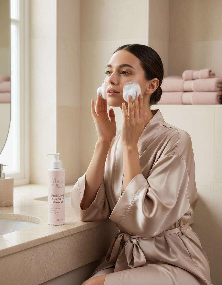 Purifying Aloe Vera Mousse lifestyle with satin robe